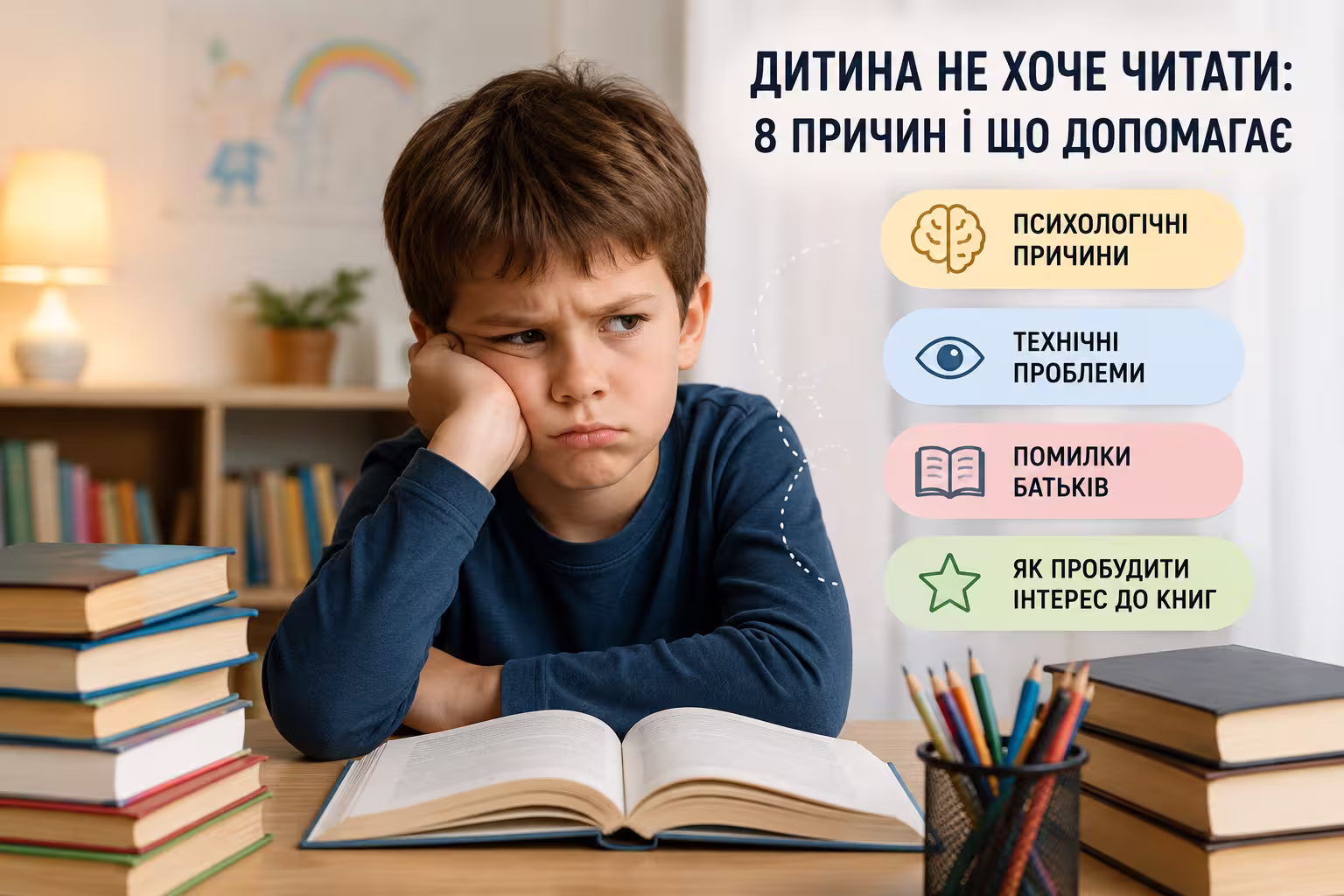 Хлопчик сидить за столом із відкритою книгою та неохоче читає, поруч показані основні причини небажання дитини читати й способи пробудити інтерес до книг.